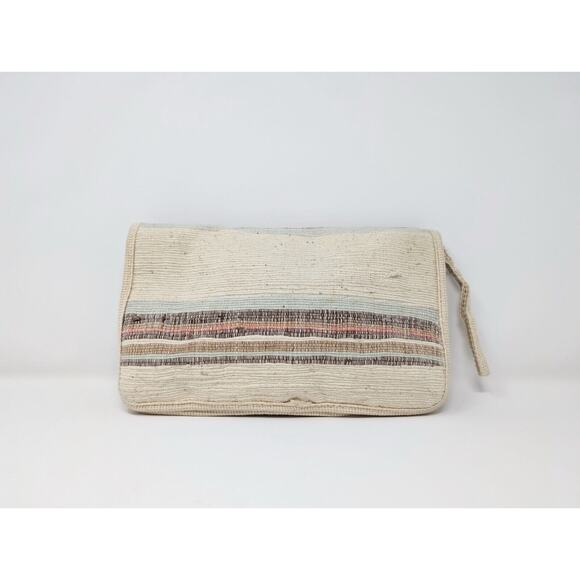 Vintage 80s Clutch Purse Beige Colorful Stripe Woven Bag - Picture 2 of 9